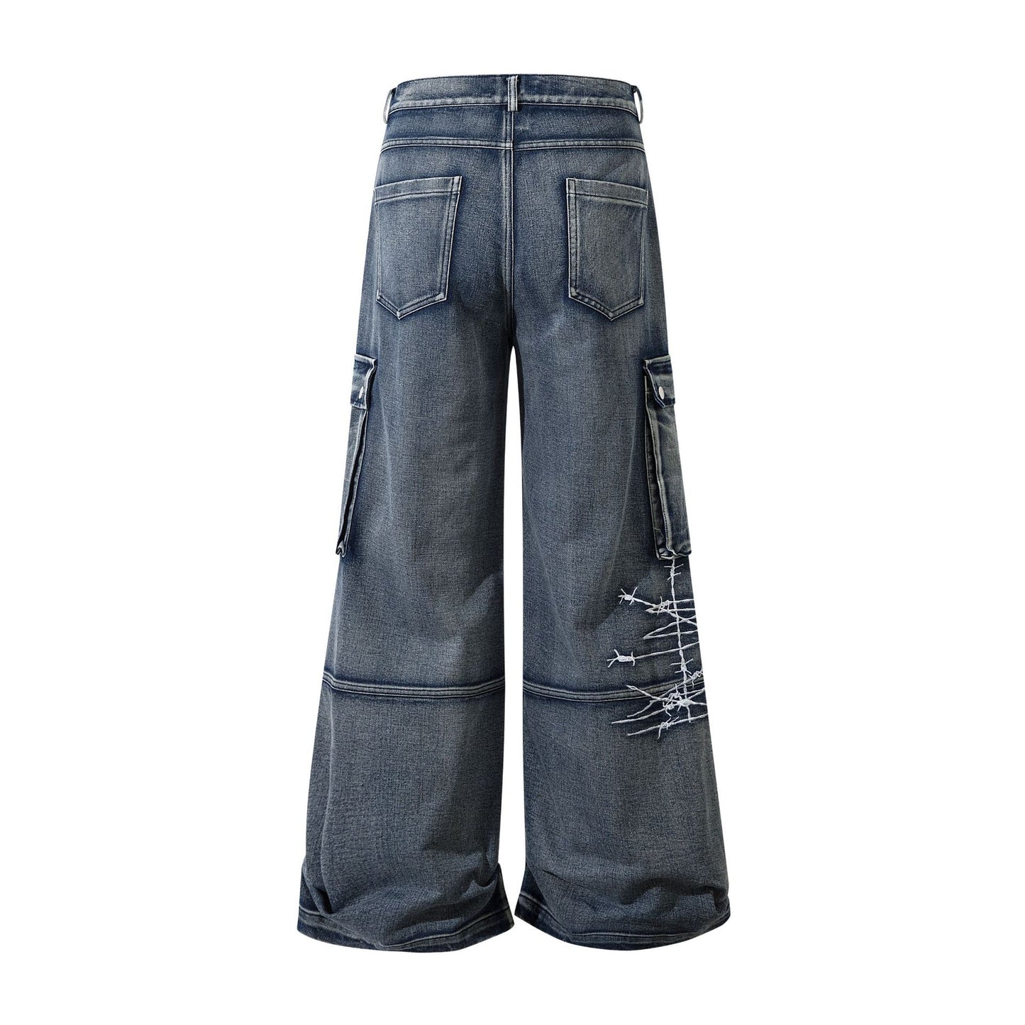 Cargo Pocket Embroidery Wide Leg Denim Jeans WN25718