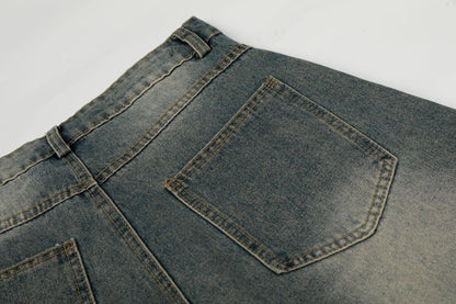 Washed Whisker Cross Studs Wide Leg Denim Jeans WN25798