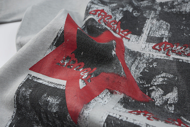 Washed Portrait Letter Print Short Sleeve T-Shirt WN25387