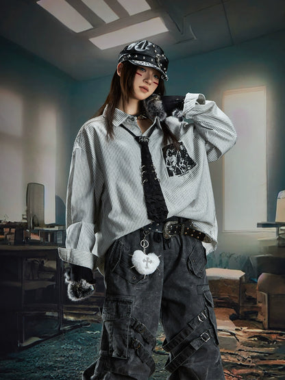 Print Stripe Damage Oversize Long Sleeve Shirt WN20560