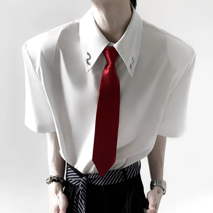 Metal Detail Shoulder-pad Short Sleeve Shirt & Tie WN20346