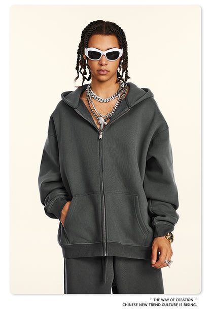 Fleece Lining Oversize Washed Zipper Hoodie WN9943