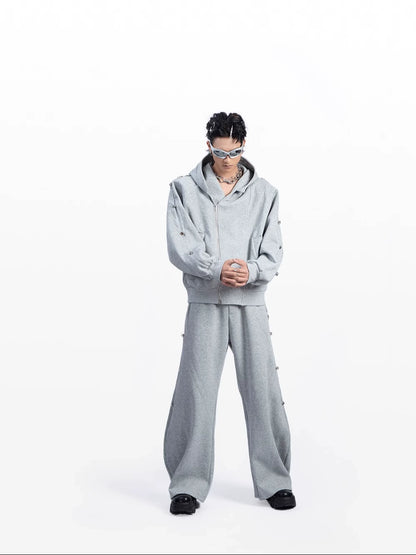 Metal Rivet Oversize Zipper Hoodie & Wide-Leg Pants Setup WN9221