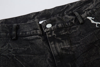 Washed Flare Lightning Embroidery Wide-Leg Denim Jeans WN12663