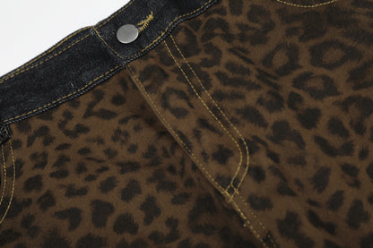 Leopard Print Curved Wide Leg Denim Jeans WN25679