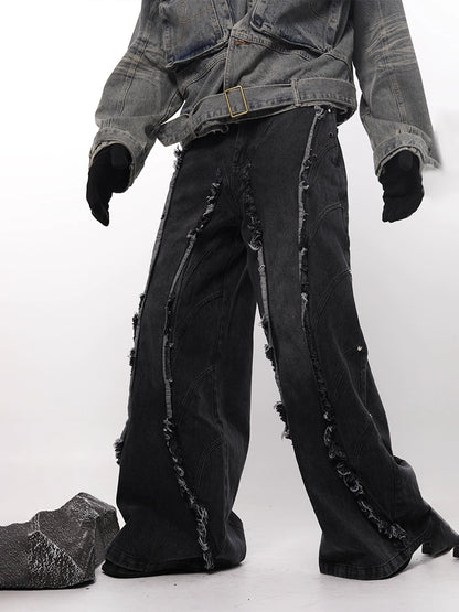 Washed Gradient Fringe Raw Edge Denim Jeans WN18715