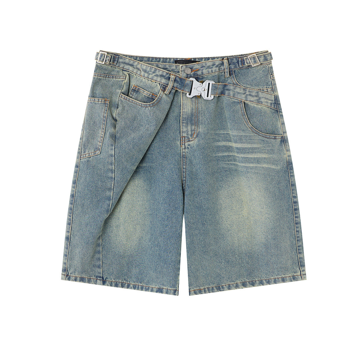 Washed Whisker Metal Buckle Denim Half Pants WN25513