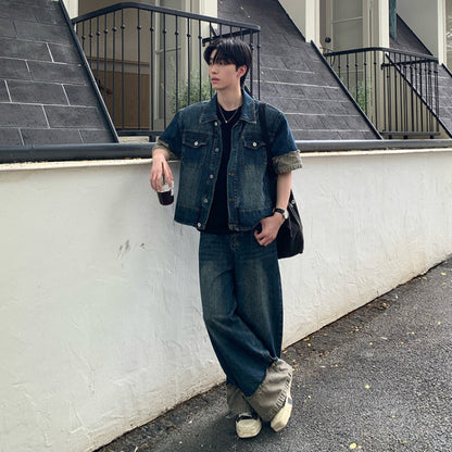 Washed Denim Short Sleeve Jacket & Wide Leg Denim Jeans Setup WN25033