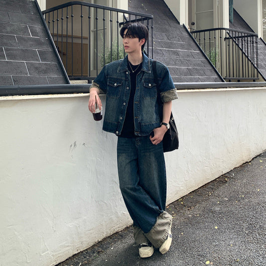 Washed Denim Short Sleeve Jacket & Wide Leg Denim Jeans Setup WN25033