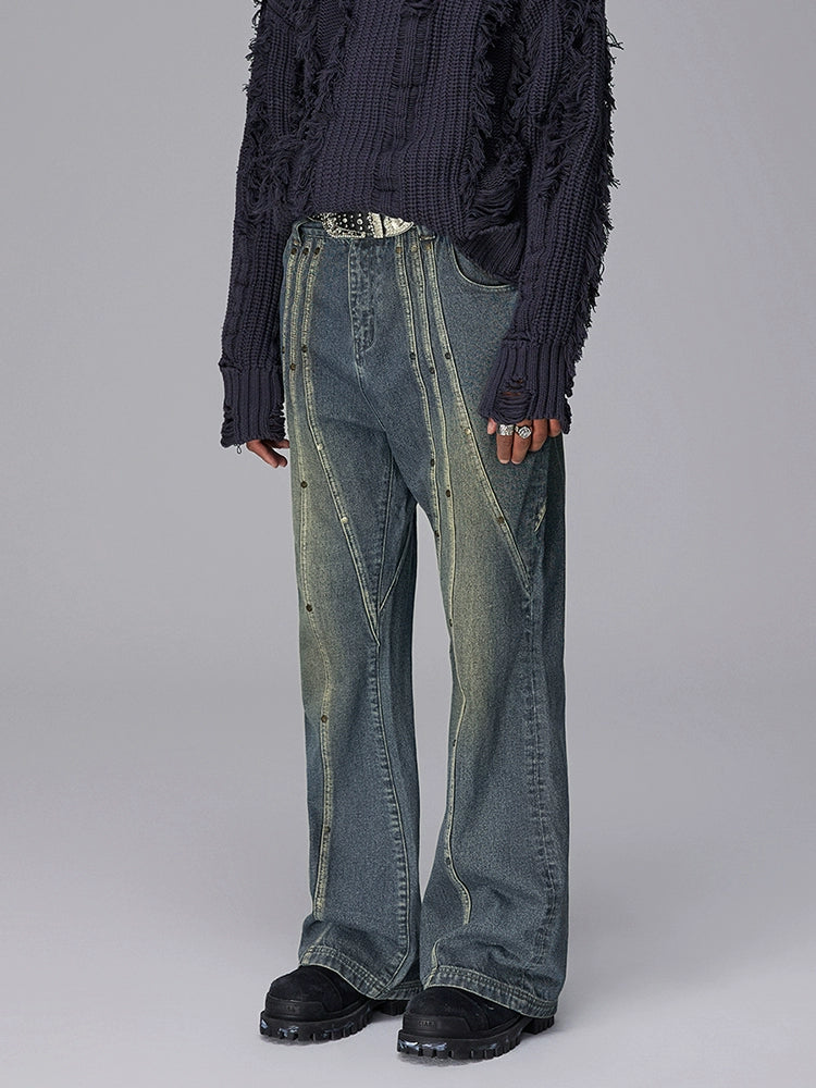 Wash Rivet Patchwork Flare Denim Jeans WN17931