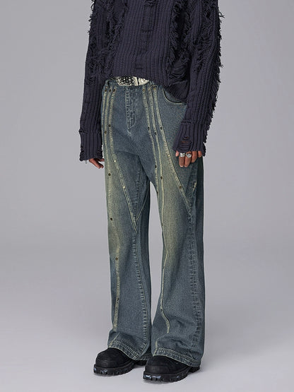 Wash Rivet Patchwork Flare Denim Jeans WN17931