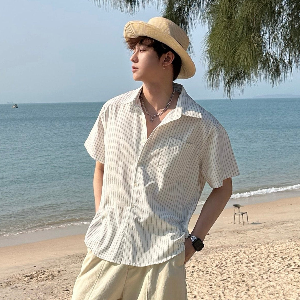 Stripe Pocket Open Collar Short Sleeve Shirt WN25301