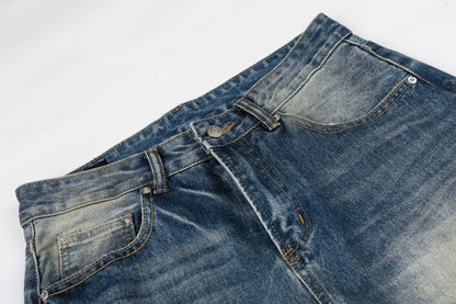 Washed Whisker Damage Wide Leg Denim Jeans WN26008