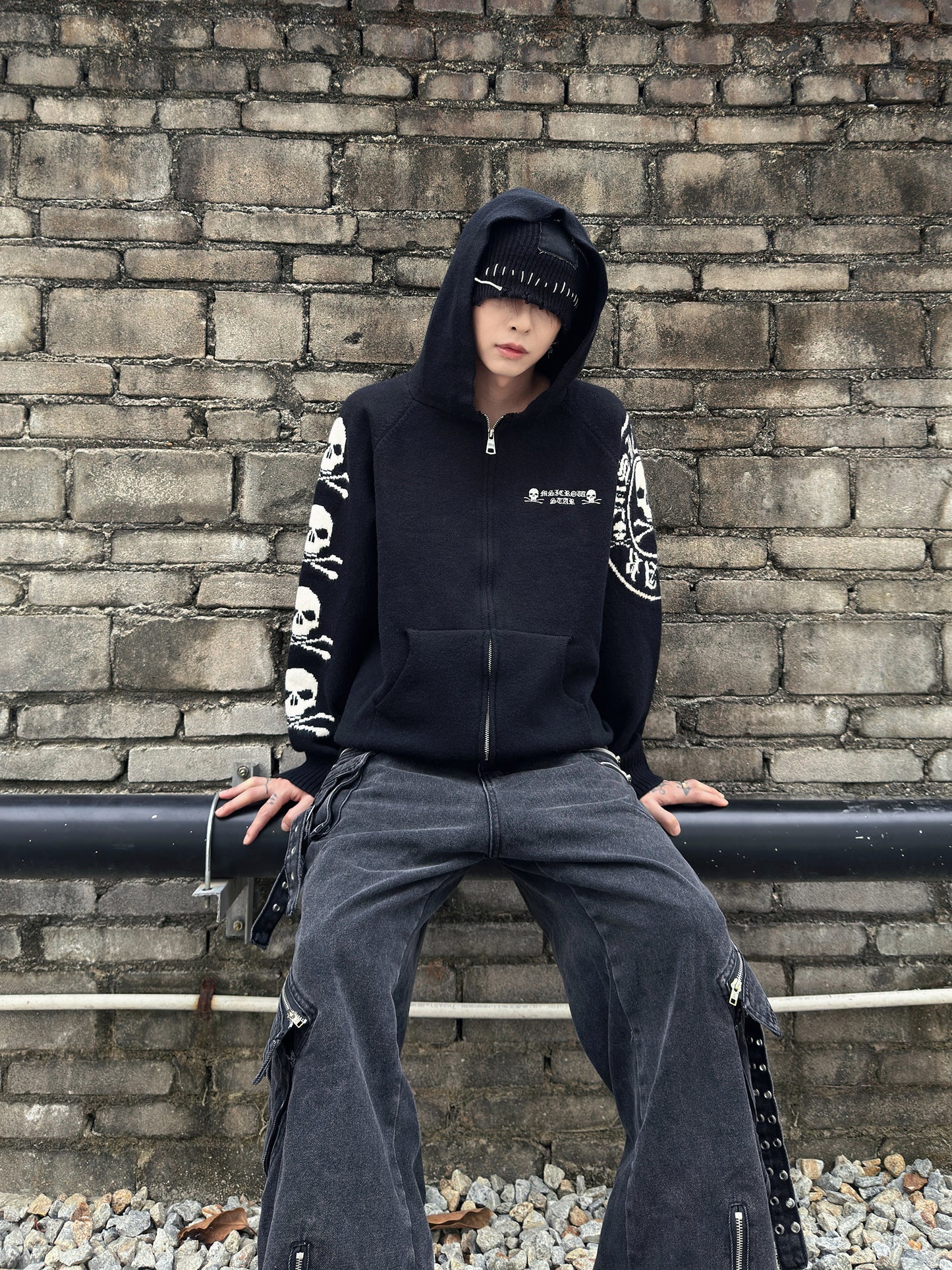 Skull Print Zipper Knit Hoodie WN22979