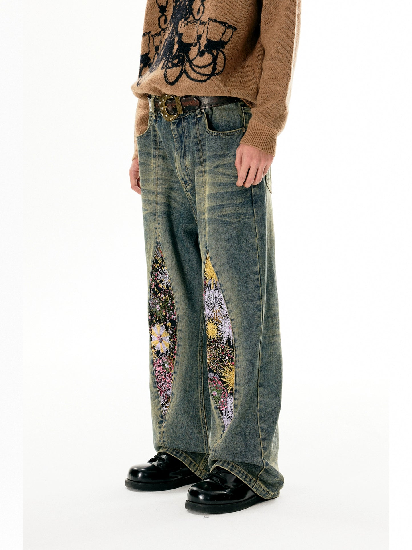 Fireworks Print Washed Denim Jeans WN18972