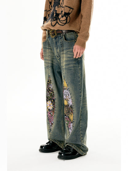 Fireworks Print Washed Denim Jeans WN18972
