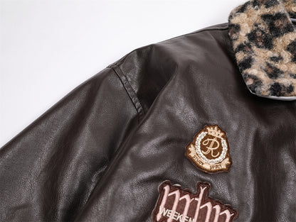 Badge Embroidery Detachable Leopard Collar PU Leather Jacket WN11189