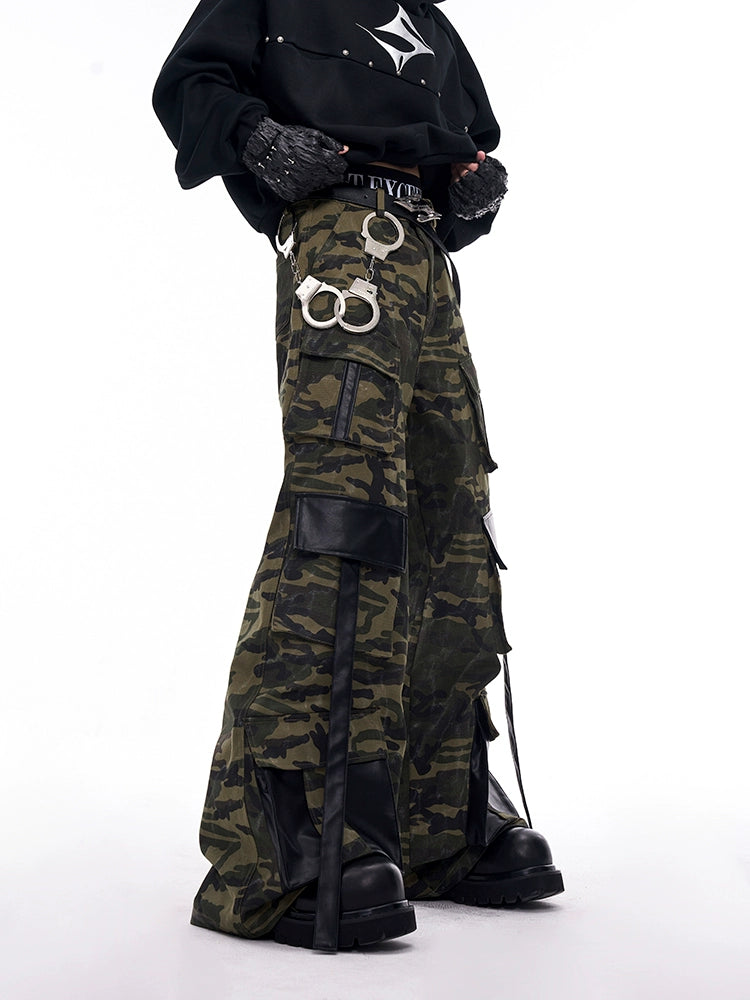 Camouflage Patchwork Leather Jacket & Cargo Pants Setup WN11726