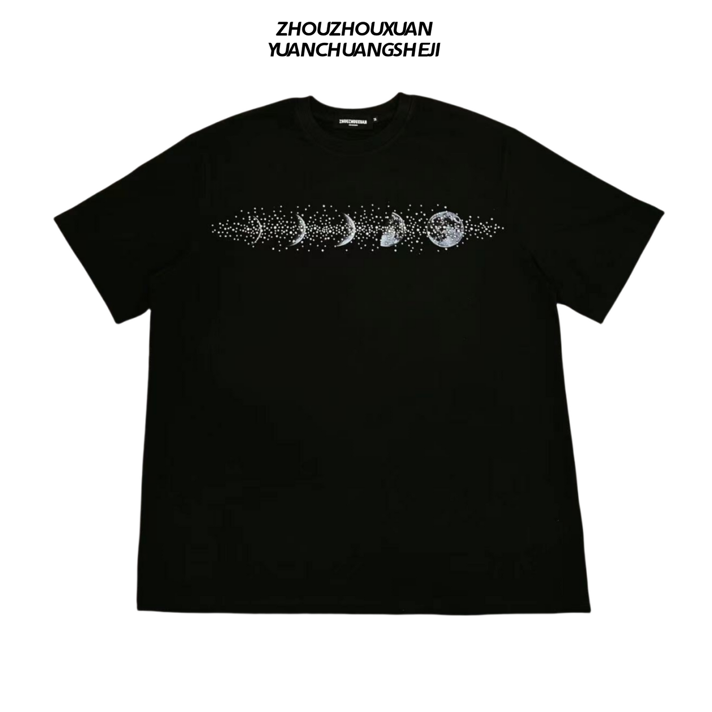 Rhinestone Moon Print Heavyweight Oversize Short Sleeve T-Shirt WN20705