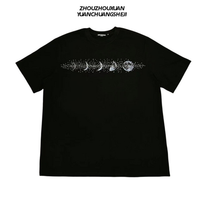 Rhinestone Moon Print Heavyweight Oversize Short Sleeve T-Shirt WN20705