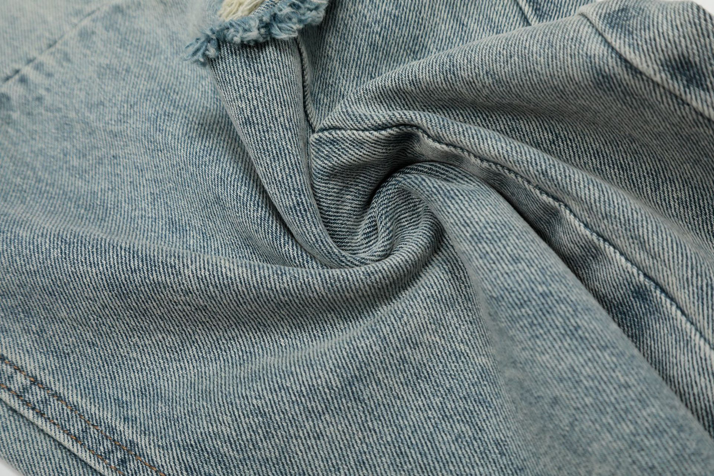 Wash Damage Wide Leg Curved Denim Jeans WN25878