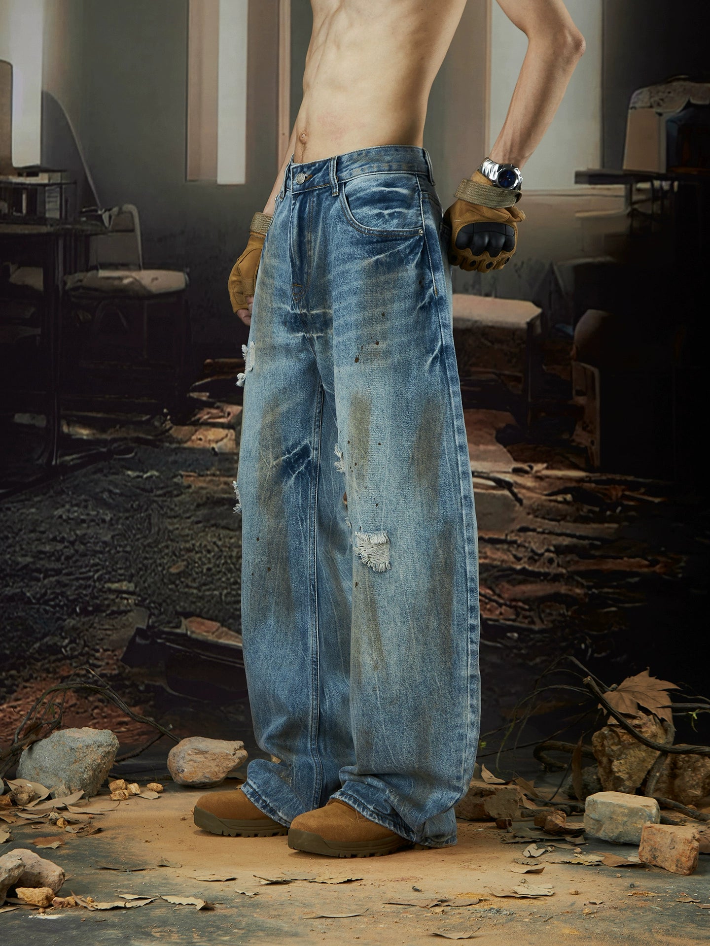 Mud-Dyed Wash Damage Design Wide Leg Denim Jeans WN18427