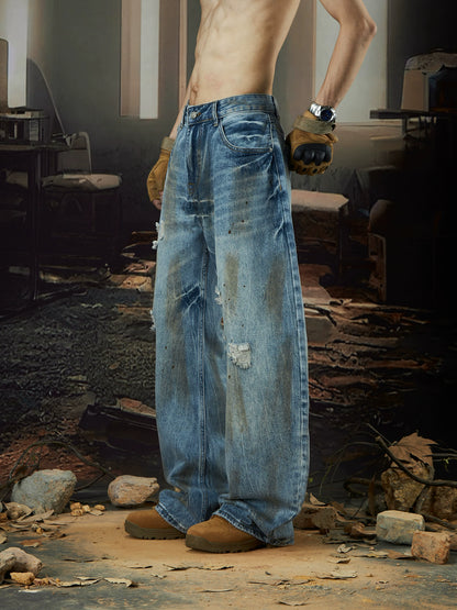 Mud-Dyed Wash Damage Design Wide Leg Denim Jeans WN18427