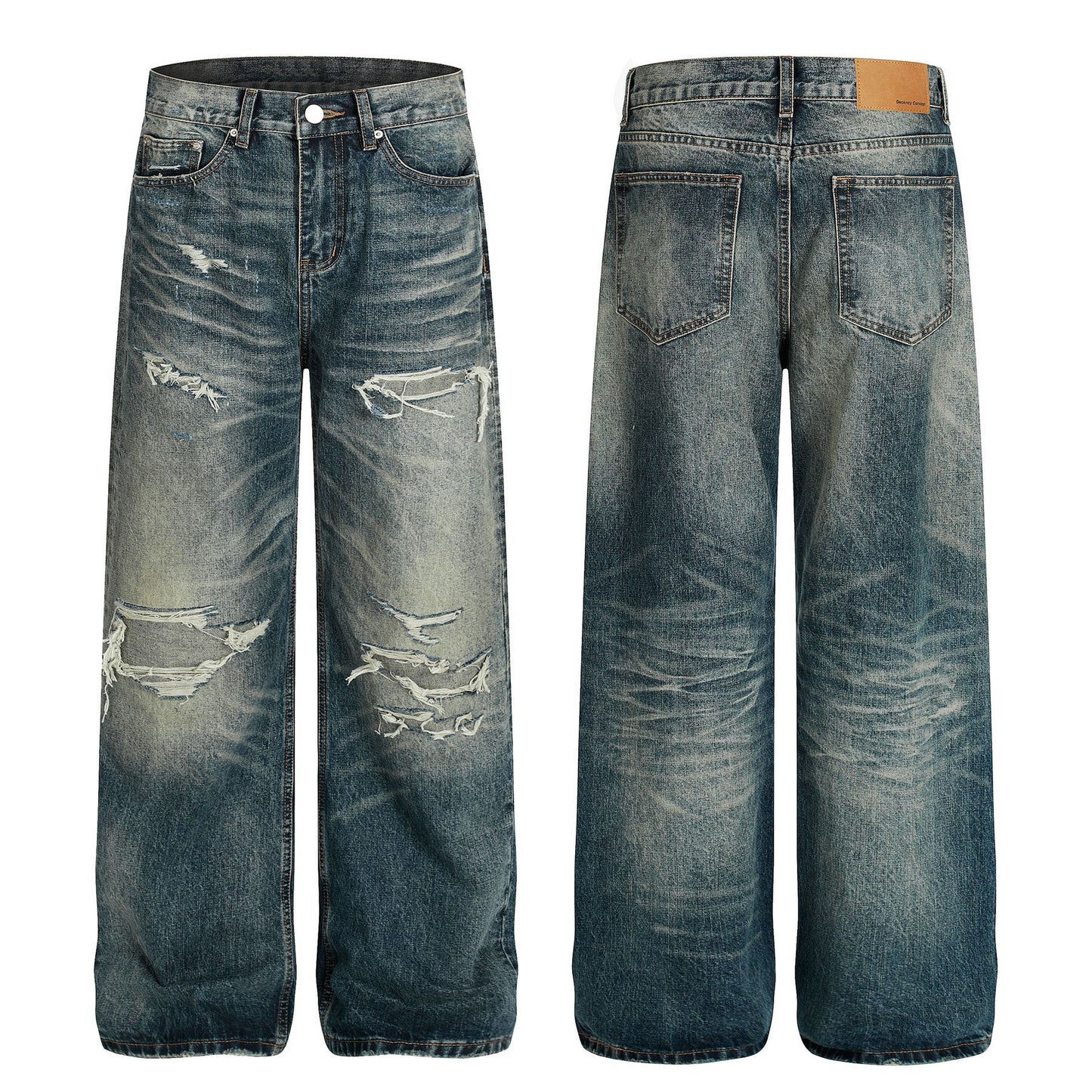 Damage Whisker Wash Straight Denim Jeans WN25951