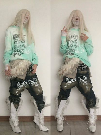 Washed Embroidery Print Oversize Pullover Hoodie WN19058