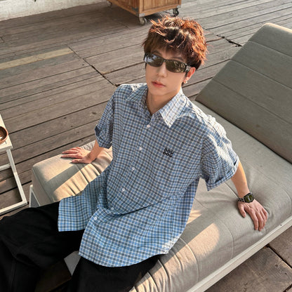 Plaid Embroidery Oversize Short Sleeve Shirt WN25229