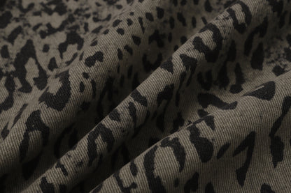 Leopard Print Curved Straight Wide Leg Denim Jeans WN25675