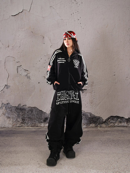 Stripe Badge Letter Zipper Hoodie WN26670