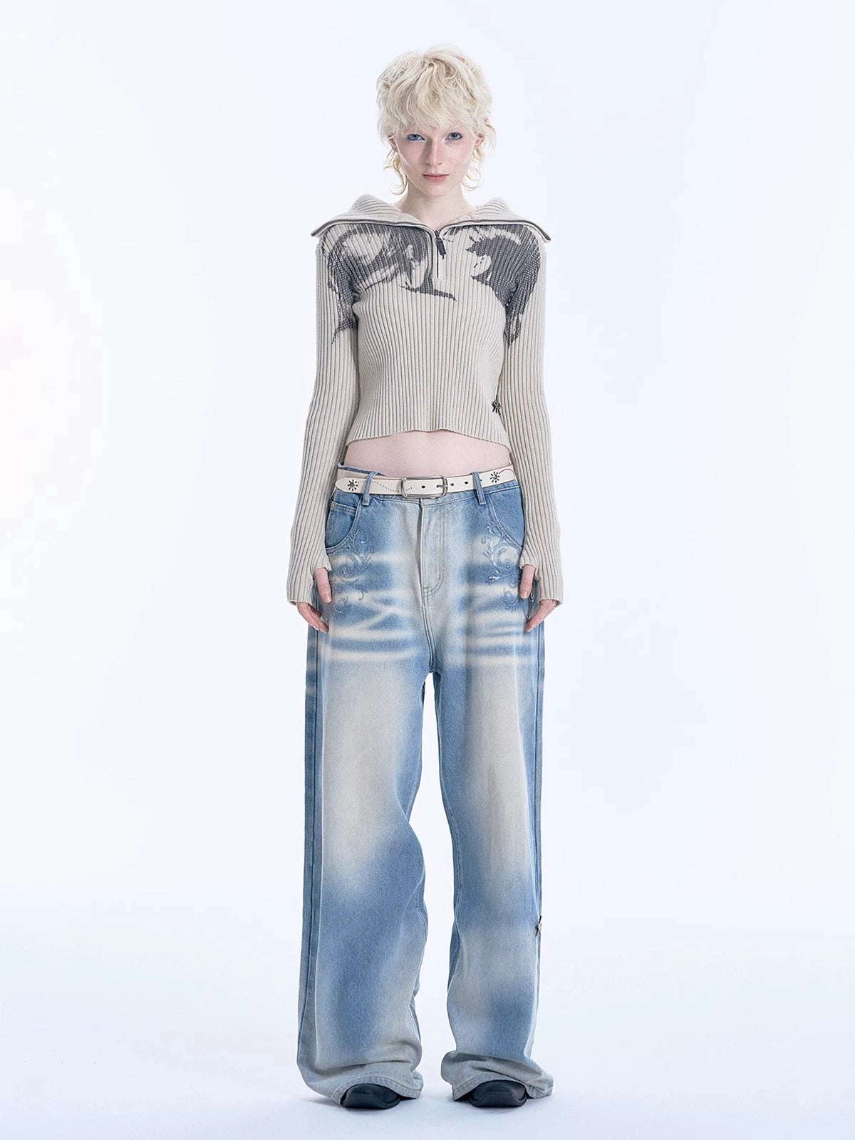 Faust Sequin Embroidery Washed Denim Jeans WN19041