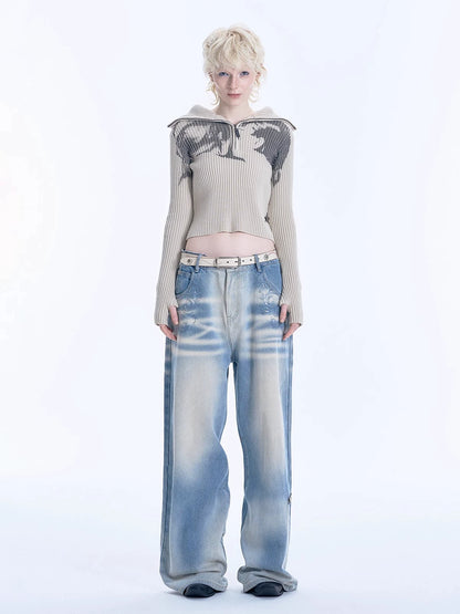 Faust Sequin Embroidery Washed Denim Jeans WN19041