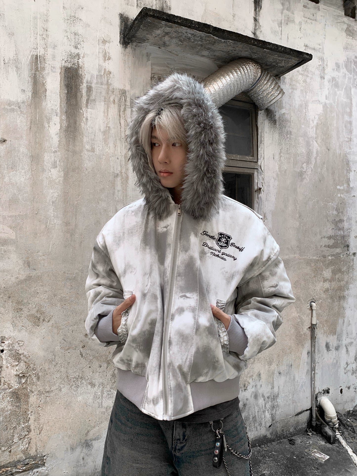 Tie-Dye Fake Fur-Collar Hooded Fleece-Lining Jacket WN22203