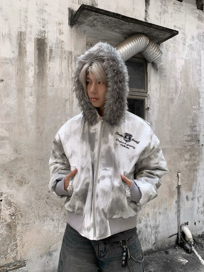 Tie-Dye Fake Fur-Collar Hooded Fleece-Lining Jacket WN22203