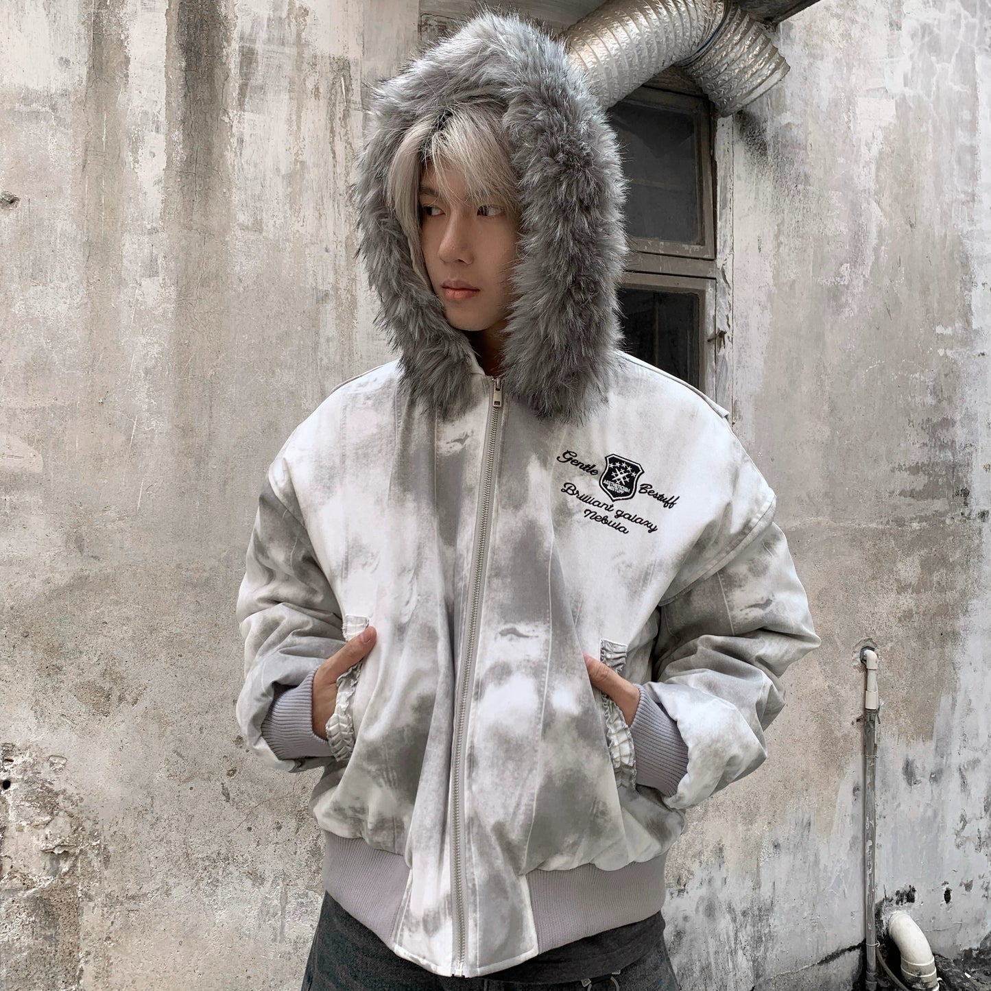 Tie-Dye Fake Fur-Collar Hooded Fleece-Lining Jacket WN22203