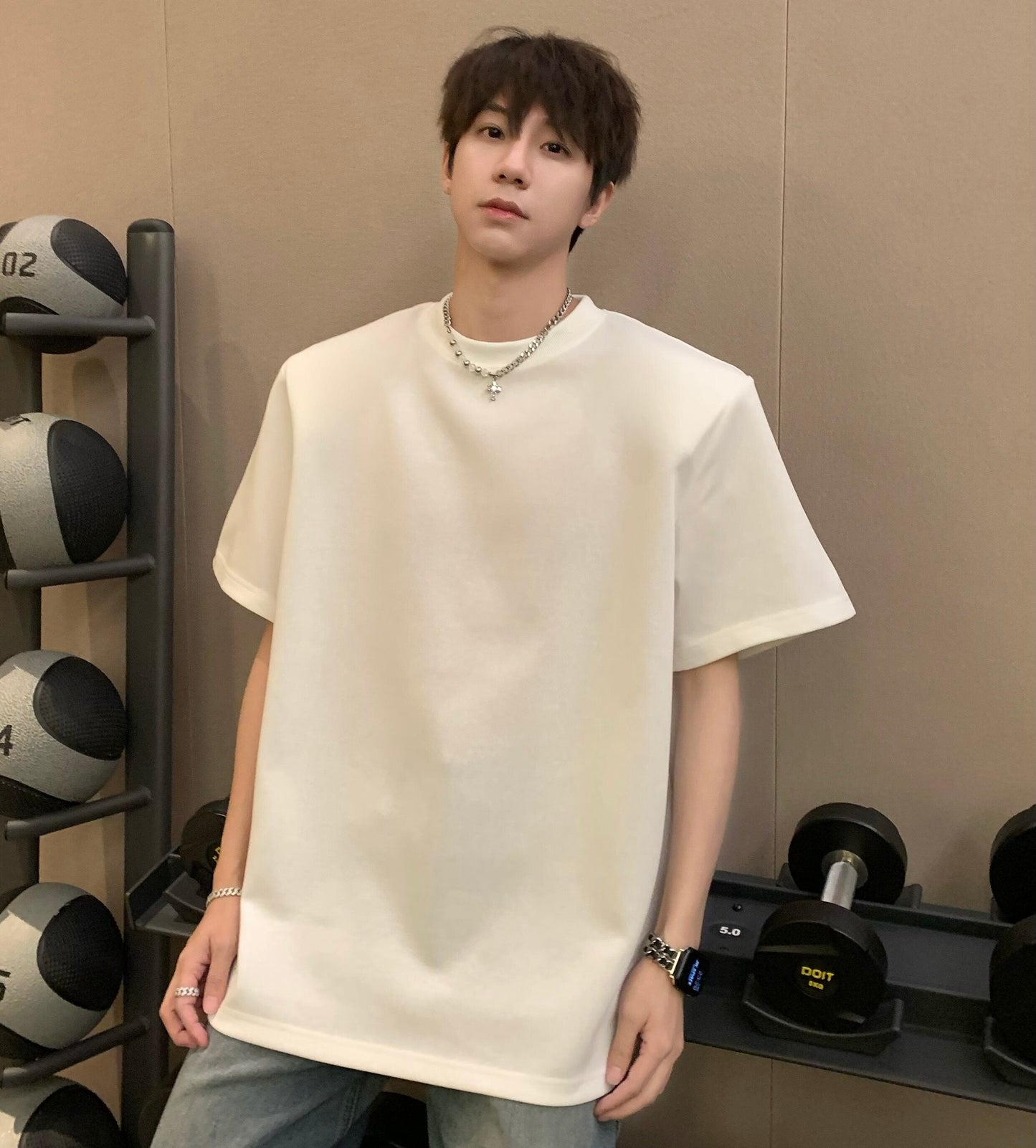 Hooded Shoulder-pad Pullover Hoodie & Layering Short Sleeve T-Shirt & Air Layer Cotton Sporty Wide Leg Pants Setup WN25225
