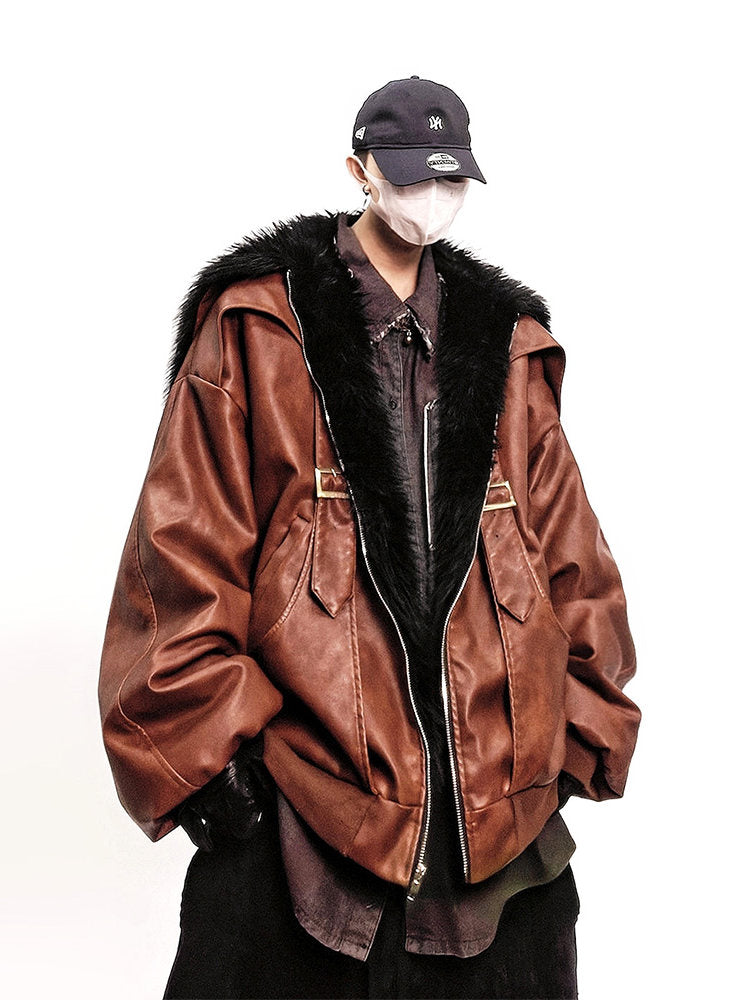 Fake Fur Lapel Oversize PU Leather Jacket WN24019