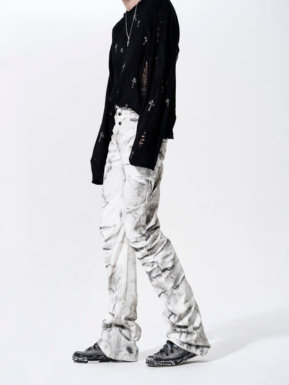 Tie-Dye Pleats Stacked Denim Jeans WN23279