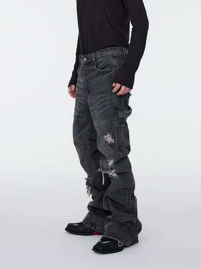 Whisker Rip Damage Stacked Flare Denim Jeans WN16949