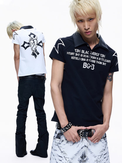 Contrast Panel Print Polo Collar Short Sleeve T-Shirt WN27291