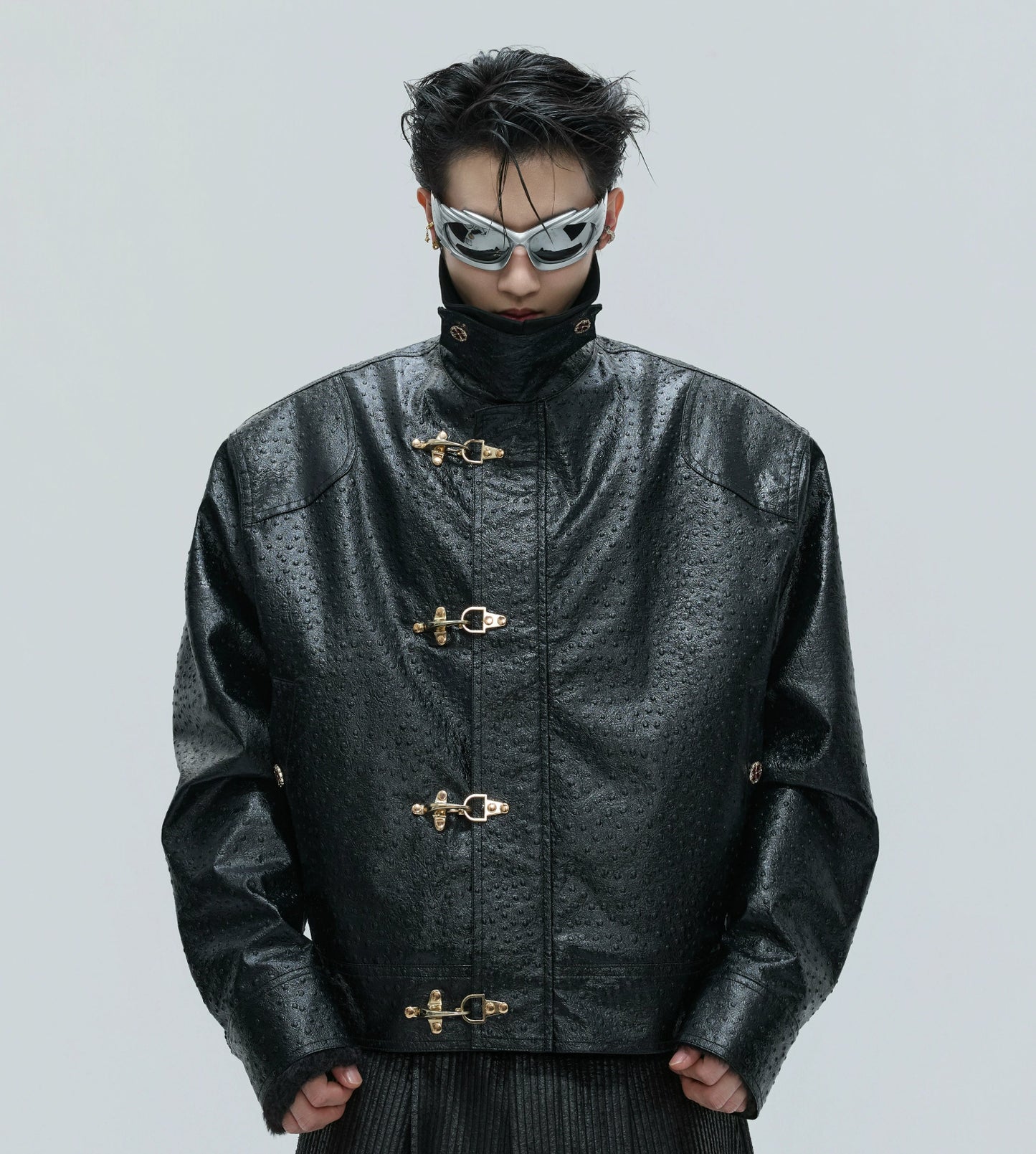 Ostrich Texture Fleece Lining Thick PU Leather Jacket WN21727