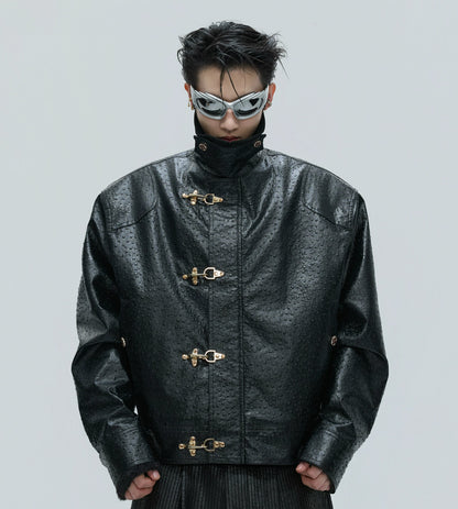 Ostrich Texture Fleece Lining Thick PU Leather Jacket WN21727