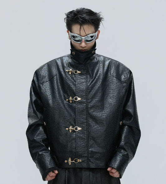 Ostrich Texture Fleece Lining Thick PU Leather Jacket WN21727