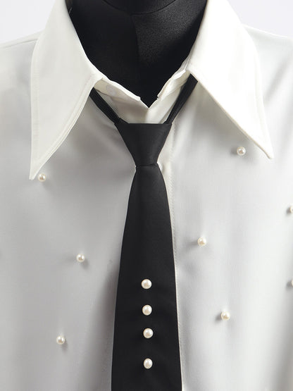 Stud Bead Tie-Neck Oversize Long Sleeve Shirt WN23659