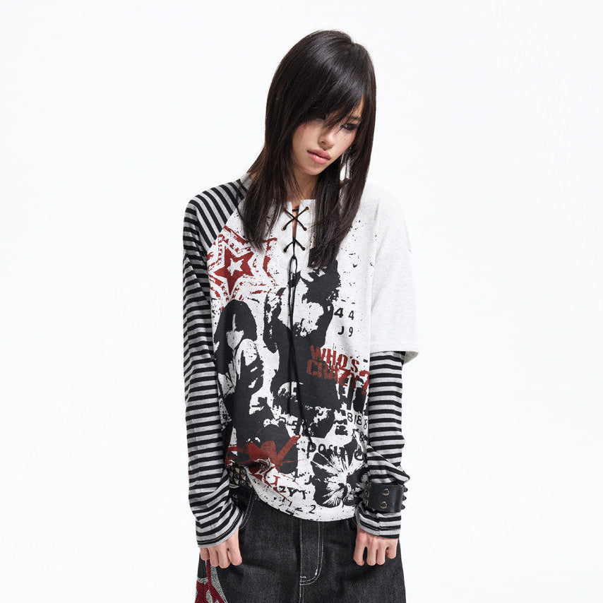 Fake Layered Raglan Sleeve Graffiti Print Long Sleeve T-Shirt WN27365