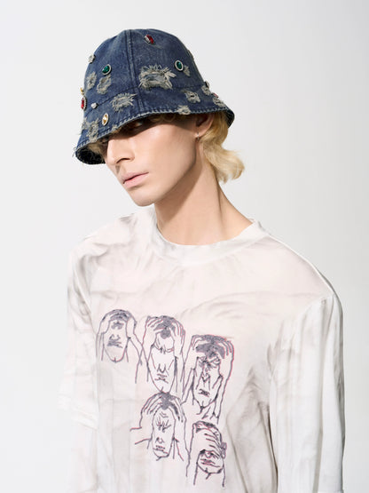 Rhinestone Washed Damage Denim Hat WN21776