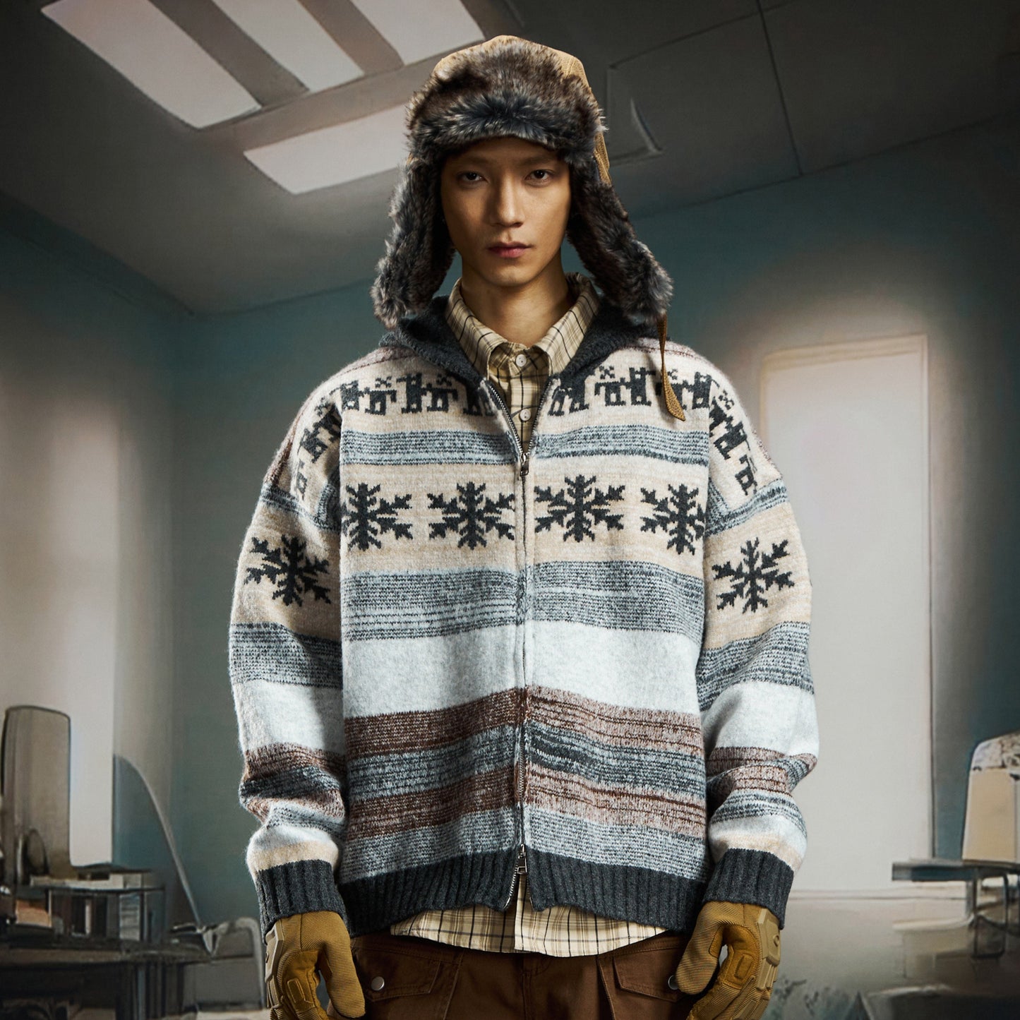 nowflake Contrast Hooded Zipper Knit Cardigan WN22750