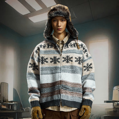 nowflake Contrast Hooded Zipper Knit Cardigan WN22750